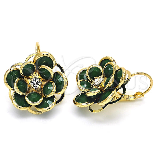 Arete Gancho Frances 02.64.0640.3 Oro Laminado, Diseño de Flor, con Verde and Blanca Cristal, Pulido, Tono Dorado
