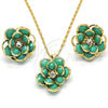 Juego de Arete y Dije de Adulto 10.64.0156 Oro Laminado, Diseño de Flor, con Turquoise and Blanca Cristal, Pulido, Tono Dorado
