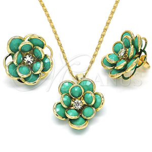 Juego de Arete y Dije de Adulto 10.64.0156 Oro Laminado, Diseño de Flor, con Turquoise and Blanca Cristal, Pulido, Tono Dorado