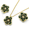 Juego de Arete y Dije de Adulto 10.64.0156.3 Oro Laminado, Diseño de Flor, con Verde and Blanca Cristal, Pulido, Tono Dorado