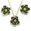 Juego de Arete y Dije de Adulto 10.64.0156.3 Oro Laminado, Diseño de Flor, con Verde and Blanca Cristal, Pulido, Tono Dorado