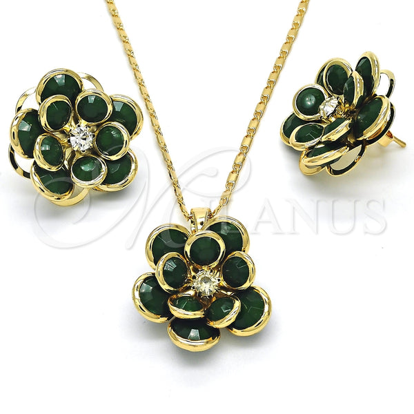 Juego de Arete y Dije de Adulto 10.64.0156.3 Oro Laminado, Diseño de Flor, con Verde and Blanca Cristal, Pulido, Tono Dorado