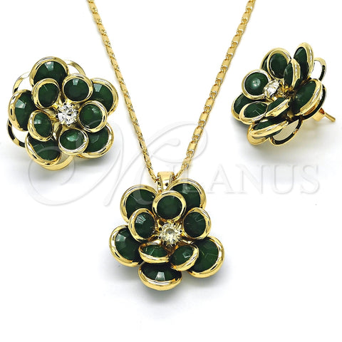 Juego de Arete y Dije de Adulto 10.64.0156.3 Oro Laminado, Diseño de Flor, con Verde and Blanca Cristal, Pulido, Tono Dorado
