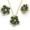 Juego de Arete y Dije de Adulto 10.64.0156.3 Oro Laminado, Diseño de Flor, con Verde and Blanca Cristal, Pulido, Tono Dorado