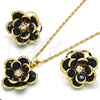 Juego de Arete y Dije de Adulto 10.64.0156.4 Oro Laminado, Diseño de Flor, con Negro and Blanca Cristal, Pulido, Tono Dorado