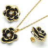 Juego de Arete y Dije de Adulto 10.64.0156.4 Oro Laminado, Diseño de Flor, con Negro and Blanca Cristal, Pulido, Tono Dorado