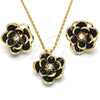 Juego de Arete y Dije de Adulto 10.64.0156.4 Oro Laminado, Diseño de Flor, con Negro and Blanca Cristal, Pulido, Tono Dorado