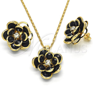 Juego de Arete y Dije de Adulto 10.64.0156.4 Oro Laminado, Diseño de Flor, con Negro and Blanca Cristal, Pulido, Tono Dorado