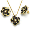 Juego de Arete y Dije de Adulto 10.64.0156.4 Oro Laminado, Diseño de Flor, con Negro and Blanca Cristal, Pulido, Tono Dorado