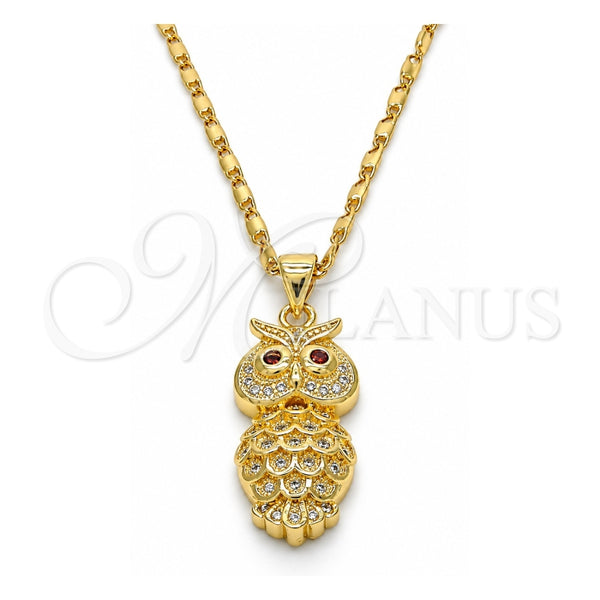 Collares con Dije 04.156.0141.20 Oro Laminado, Diseño de Búho, con Zirconia Cubica Granate y Micro Pave Blanca, Pulido, Tono Dorado (Grosor 02 MM, 20 Pulgadas de Largo)