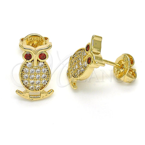 Arete Dormilona 02.156.0291 Oro Laminado, Diseño de Búho, con Granate Zirconia Cubica and Blanca Micro Pave, Pulido, Tono Dorado