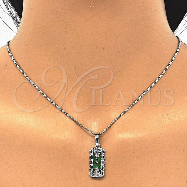 Juego de Arete y Dije de Adulto 10.210.0062.9 Rodio Laminado, Diseño de Flor, con Zirconia Cubica Verde y Blanca, Pulido, Rodinado