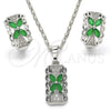 Juego de Arete y Dije de Adulto 10.210.0062.9 Rodio Laminado, Diseño de Flor, con Zirconia Cubica Verde y Blanca, Pulido, Rodinado