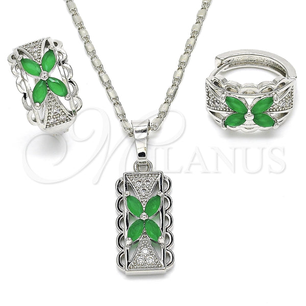 Juego de Arete y Dije de Adulto 10.210.0062.9 Rodio Laminado, Diseño de Flor, con Zirconia Cubica Verde y Blanca, Pulido, Rodinado