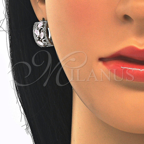Argolla Huggie 02.210.0090.12.15 Rodio Laminado, Diseño de Gota y Oja, con Zirconia Cubica Rosado y Blanca, Pulido, Rodinado