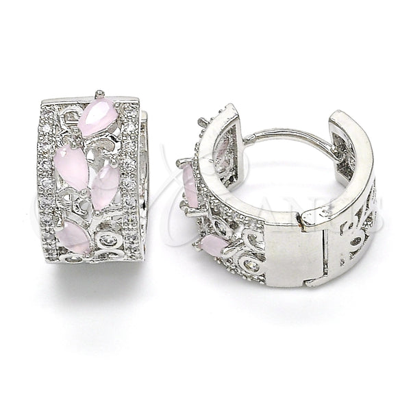 Argolla Huggie 02.210.0090.12.15 Rodio Laminado, Diseño de Gota y Oja, con Zirconia Cubica Rosado y Blanca, Pulido, Rodinado