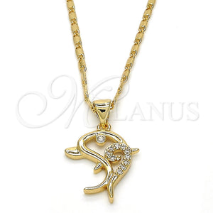 Collares con Dije 04.156.0152.20 Oro Laminado, Diseño de Delfín, con Blanca Zirconia Cubica, Pulido, Tono Dorado (02 MM Thickness, 20 Inches Length)