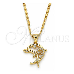 Collares con Dije 04.156.0152.20 Oro Laminado, Diseño de Delfín, con Zirconia Cubica Blanca, Pulido, Tono Dorado (Grosor 02 MM, 20 Pulgadas de Largo)