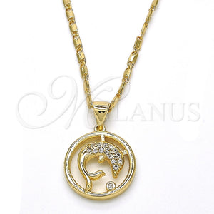 Collares con Dije 04.156.0155.20 Oro Laminado, Diseño de Delfín, con Blanca Zirconia Cubica, Pulido, Tono Dorado (02 MM Thickness, 20 Inches Length)