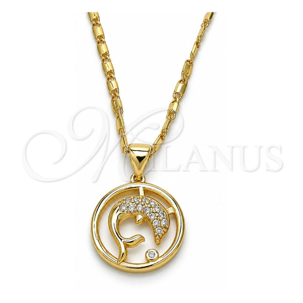 Collares con Dije 04.156.0155.20 Oro Laminado, Diseño de Delfín, con Zirconia Cubica Blanca, Pulido, Tono Dorado (Grosor 02 MM, 20 Pulgadas de Largo)
