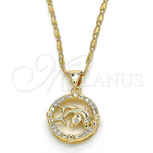 Collares con Dije 04.156.0156.20 Oro Laminado, Diseño de Delfín, con Blanca Zirconia Cubica, Pulido, Tono Dorado (02 MM Thickness, 20 Inches Length)