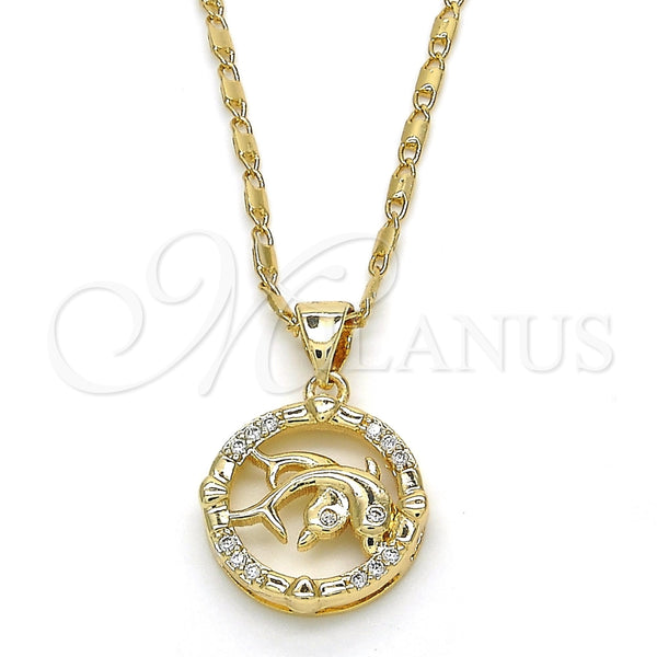 Collares con Dije 04.156.0156.20 Oro Laminado, Diseño de Delfín, con Blanca Zirconia Cubica, Pulido, Tono Dorado (02 MM Thickness, 20 Inches Length)