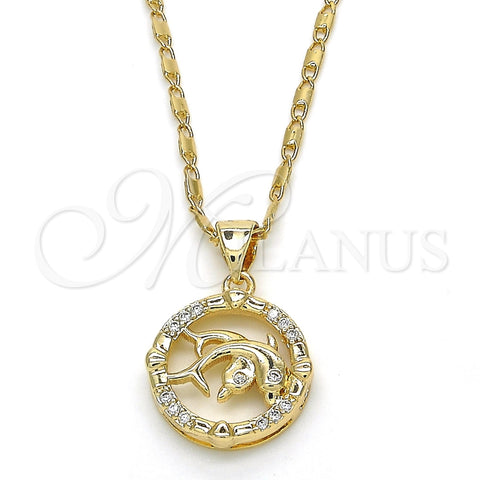 Collares con Dije 04.156.0156.20 Oro Laminado, Diseño de Delfín, con Blanca Zirconia Cubica, Pulido, Tono Dorado (02 MM Thickness, 20 Inches Length)