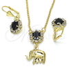 Juego de Arete y Dije de Adulto 10.122.0007.1 Oro Laminado, Diseño de Elefante, con Negro and Blanca Cristal, Pulido, Tono Dorado