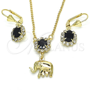 Juego de Arete y Dije de Adulto 10.122.0007.1 Oro Laminado, Diseño de Elefante, con Negro and Blanca Cristal, Pulido, Tono Dorado