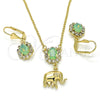 Juego de Arete y Dije de Adulto 10.122.0007.2 Oro Laminado, Diseño de Elefante, con Chrysolite Opal and Blanca Cristal, Pulido, Tono Dorado
