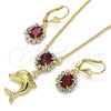 Juego de Arete y Dije de Adulto 10.122.0008 Oro Laminado, Diseño de Delfín, con Granate and Blanca Cristal, Pulido, Tono Dorado