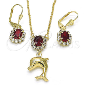 Juego de Arete y Dije de Adulto 10.122.0008 Oro Laminado, Diseño de Delfín, con Granate and Blanca Cristal, Pulido, Tono Dorado