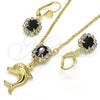 Juego de Arete y Dije de Adulto 10.122.0008.1 Oro Laminado, Diseño de Delfín, con Negro and Blanca Cristal, Pulido, Tono Dorado