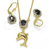 Juego de Arete y Dije de Adulto 10.122.0008.1 Oro Laminado, Diseño de Delfín, con Negro and Blanca Cristal, Pulido, Tono Dorado