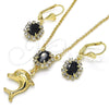 Juego de Arete y Dije de Adulto 10.122.0008.1 Oro Laminado, Diseño de Delfín, con Negro and Blanca Cristal, Pulido, Tono Dorado