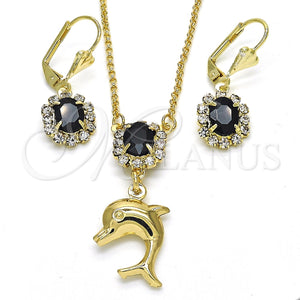 Juego de Arete y Dije de Adulto 10.122.0008.1 Oro Laminado, Diseño de Delfín, con Negro and Blanca Cristal, Pulido, Tono Dorado