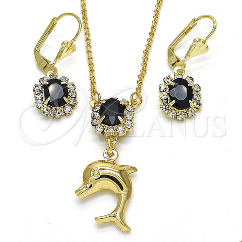 Juego de Arete y Dije de Adulto 10.122.0008.1 Oro Laminado, Diseño de Delfín, con Negro and Blanca Cristal, Pulido, Tono Dorado