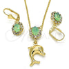 Juego de Arete y Dije de Adulto 10.122.0008.2 Oro Laminado, Diseño de Delfín, con Chrysolite Opal and Blanca Cristal, Pulido, Tono Dorado