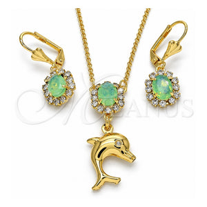 Juego de Arete y Dije de Adulto 10.122.0008.2 Oro Laminado, Diseño de Delfín, con Cristal Chrysolite Opal y Blanca, Pulido, Tono Dorado