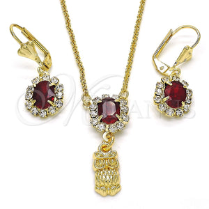 Juego de Arete y Dije de Adulto 10.122.0009 Oro Laminado, Diseño de Búho, con Granate and Blanca Cristal, Pulido, Tono Dorado