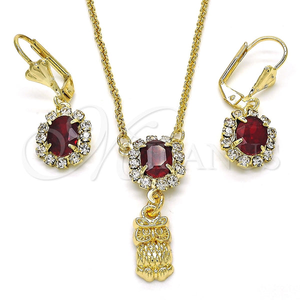 Juego de Arete y Dije de Adulto 10.122.0009 Oro Laminado, Diseño de Búho, con Granate and Blanca Cristal, Pulido, Tono Dorado