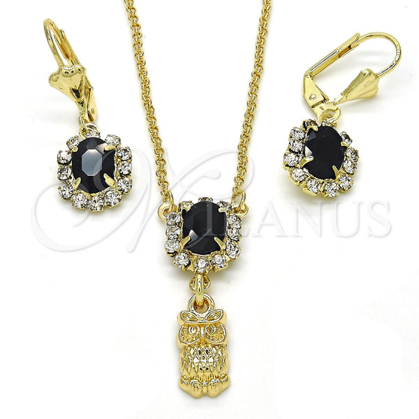 Juego de Arete y Dije de Adulto 10.122.0009.1 Oro Laminado, Diseño de Búho, con Negro and Blanca Cristal, Pulido, Tono Dorado
