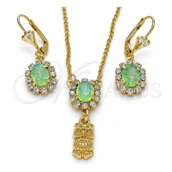 Juego de Arete y Dije de Adulto 10.122.0009.2 Oro Laminado, Diseño de Búho, con Chrysolite Opal and Blanca Cristal, Pulido, Tono Dorado