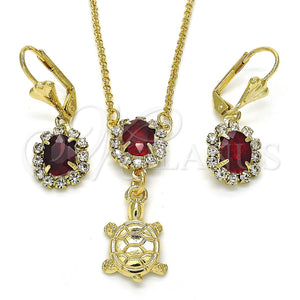 Juego de Arete y Dije de Adulto 10.122.0010 Oro Laminado, Diseño de Tortuga, con Granate and Blanca Cristal, Pulido, Tono Dorado