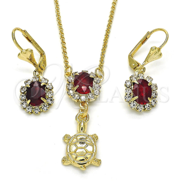 Juego de Arete y Dije de Adulto 10.122.0010 Oro Laminado, Diseño de Tortuga, con Granate and Blanca Cristal, Pulido, Tono Dorado