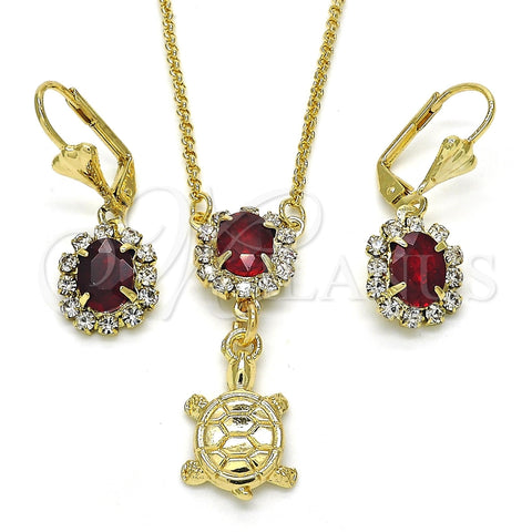 Juego de Arete y Dije de Adulto 10.122.0010 Oro Laminado, Diseño de Tortuga, con Granate and Blanca Cristal, Pulido, Tono Dorado