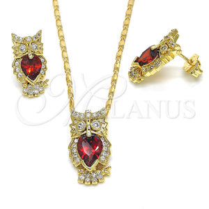 Juego de Arete y Dije de Adulto 10.210.0064.1 Oro Laminado, Diseño de Búho, con Granate and Blanca Zirconia Cubica, Pulido, Tono Dorado