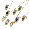 Juego de Arete y Dije de Adulto 10.210.0064.1 Oro Laminado, Diseño de Búho, con Granate and Blanca Zirconia Cubica, Pulido, Tono Dorado