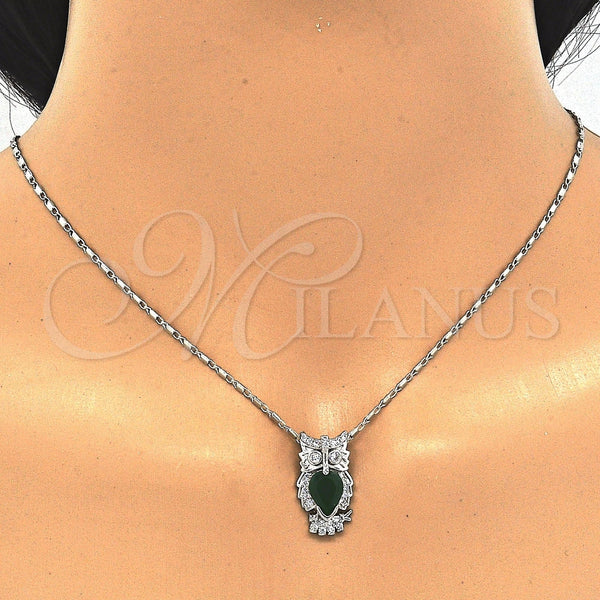 Juego de Arete y Dije de Adulto 10.210.0064.7 Rodio Laminado, Diseño de Búho, con Zirconia Cubica Verde y Blanca, Pulido, Rodinado