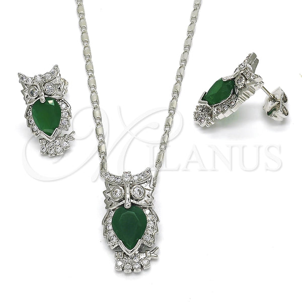 Juego de Arete y Dije de Adulto 10.210.0064.7 Rodio Laminado, Diseño de Búho, con Zirconia Cubica Verde y Blanca, Pulido, Rodinado